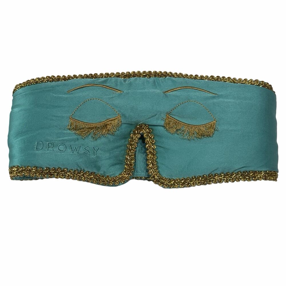 Drowsy Breakfast at Drowsy Turquoise 100% Mulberry Silk Sleep Mask Gold Trim